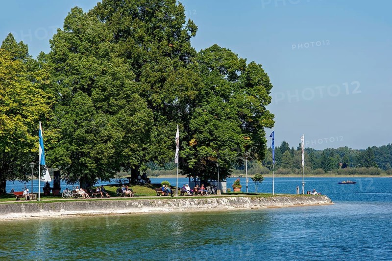 People on benches, shady trees, Priener Schären headland of the lakeside promenade, Prien am Chiemsee, Chiemgau, Upper Bavaria, Bavaria, Germany, Europe