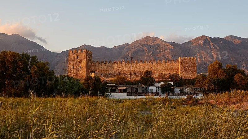 Evening light, Whole fortress, Mountains, Lefka Ori, Taverna, Reed grass, Reed, Frangokastello, Venetian fortress, Castle, Sfakia, West Crete, South coast, Island of Crete, Greece, Europe