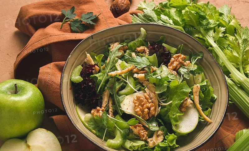 Fresh, Waldorf salad, celery stalk with chicken, apple and walnut, grapes, herbs, homemade, no people