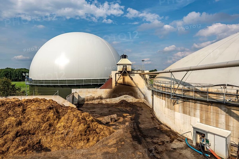 Biogas plant, gas storage, with dome, use of solid manure as energy source, storage area, on a farm near Lippling, close to Delbrück in East Westphalia, in the district of Paderborn, 1.5 megawatts of electrical power, production of district heating for homes in the region, North Rhine-Westphalia, Germany, Europe