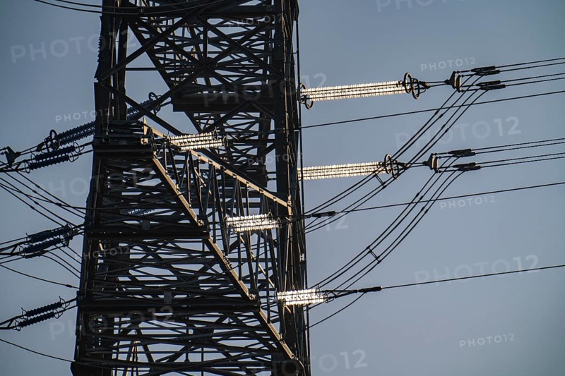 380 kV system, switchgear, from the transmission system operator Amprion, in the Emscherbruch in Herten, high-voltage pylon with glass insulators, North Rhine-Westphalia, Germany, Europe