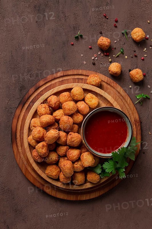 Chicken popcorn, deep fried, nuggets, close-up, rustic, no people