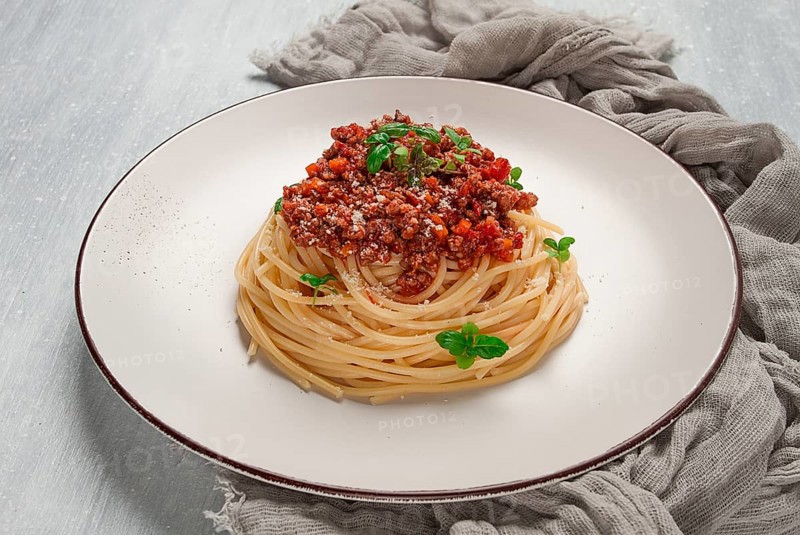Spaghetti Bolognese, top view, close-up, no people, homemade