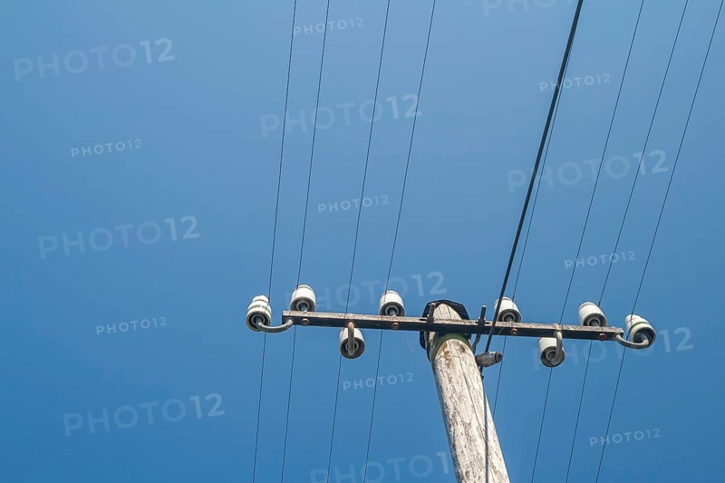 Wooden electricity pylon, electricity pylon with ceramic insulators, Münsterland, North Rhine-Westphalia, Germany, Europe