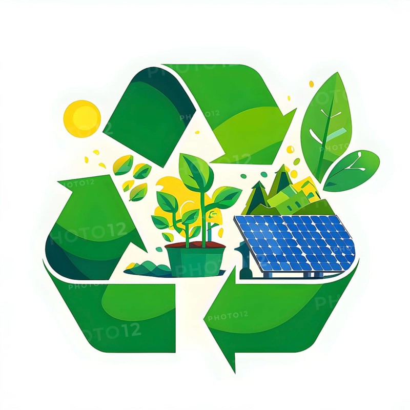 Recycling symbol morphing into growing plants and solar cells to symbolize the transformation of waste into renewable resources, AI generated