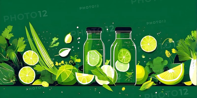 Abstract wallpaper composition with bottle of delicious green detox juice and fruits and vegetables, AI generated