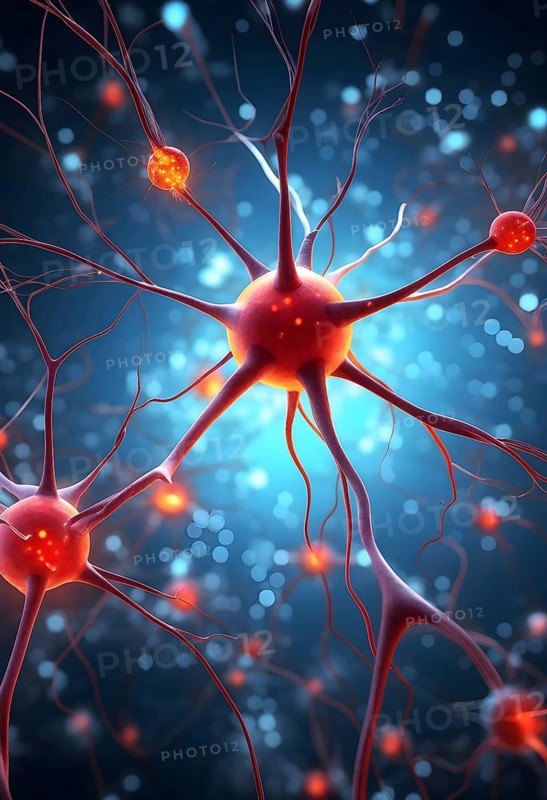 Visualization of neurons firing neurotransmitters in the synaptic gap, AI generated