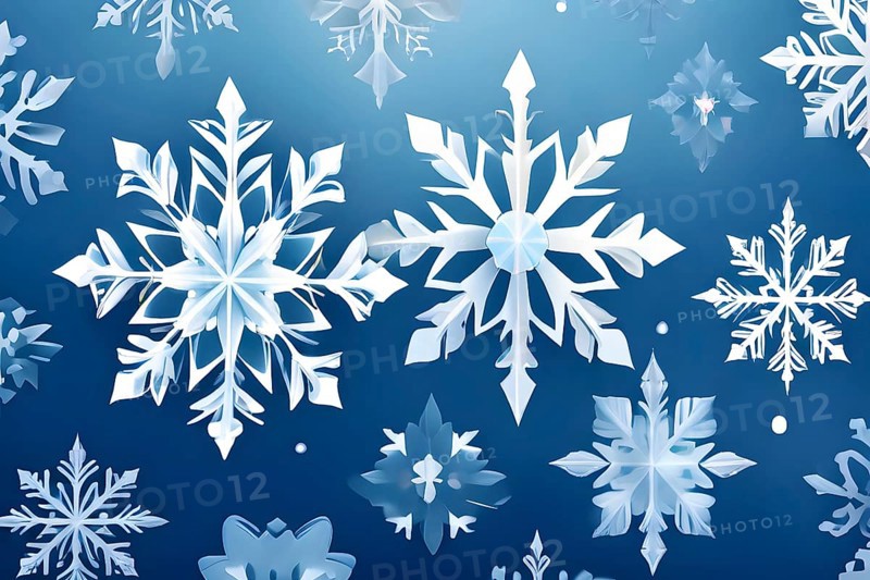 Abstract pattern of snowflakes in varying sizes and shapes in soft white and blue gradients, AI generated