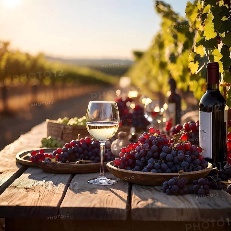 AI generated wine tasting table setup with wine and vine grapes nestled subtly amidst a thriving vineyard bathed in golden hour light