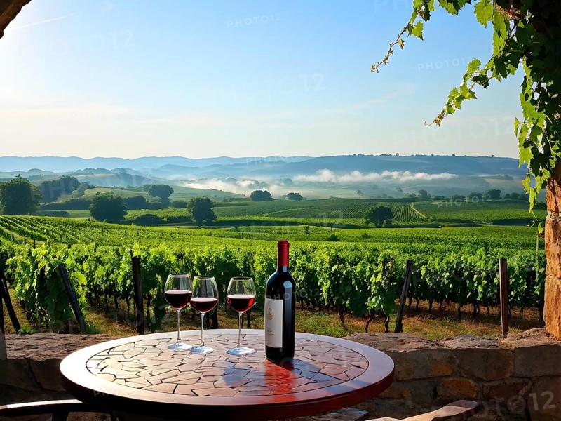 AI generated wine tasting table setup with wine and grapes nestled subtly amidst a thriving vineyard
