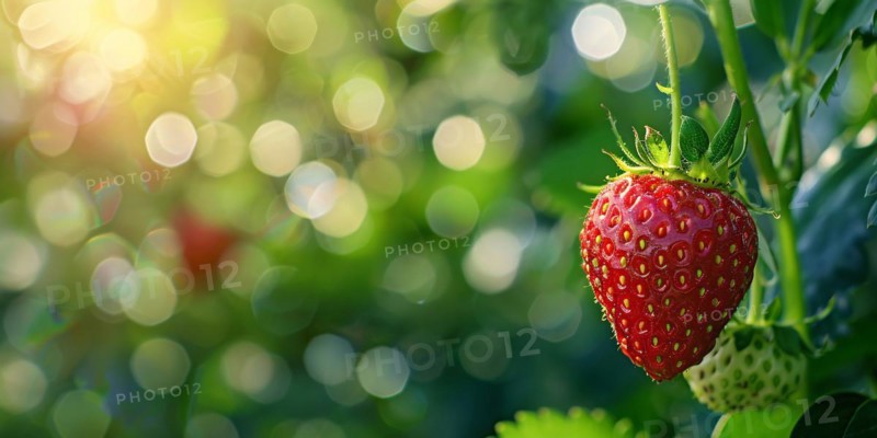 Close up of strawberry fruit growing on bush with bokeh lights in background. KI generiert, generiert, AI generated