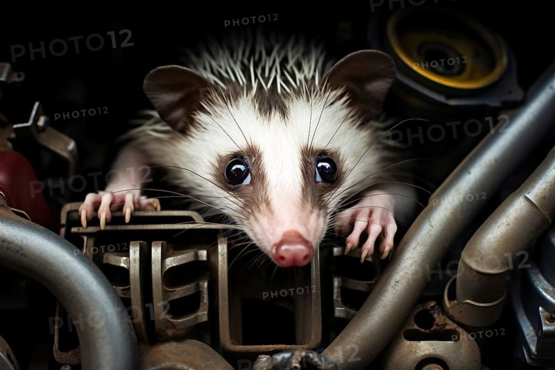 Opossum inside car engine. AI generated