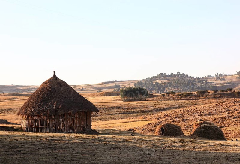 Landscape with round hut in the district of Europia, Ethiopia, Africa