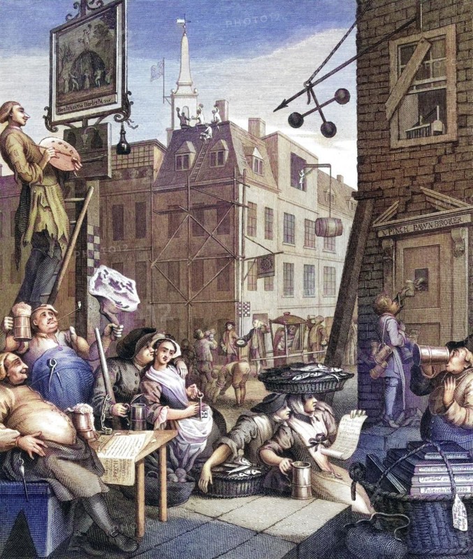 Beer Street and Gin Lane Beer Street After an original design by Hogarth from The Works of Hogarth, London 1833, Beer Street and Gin Lane Beer Street From the original design by Hogarth from The Works of Hogarth published London 1833, Historic, digitally restored reproduction from a 19th century original, Record date not stated