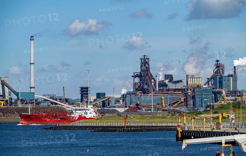 The Tata Steel steel and metallurgical plant in IJmuiden, Velsen, North Holland, Netherlands, largest industrial area in the Netherlands, 2 blast furnaces, 2 coking plants, rolling mills, directly on the North Sea, estuary of the river Ij, Ijmuiden aan Zee