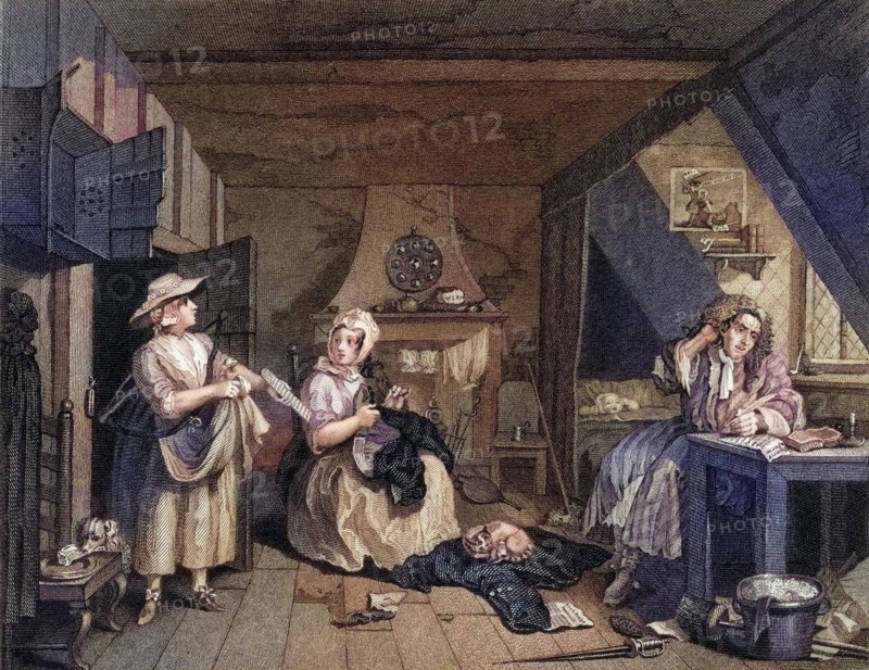 The distressed Poet From the original picture by Hogarth from The Works of Hogarth published London 1833, Historic, digitally restored reproduction from a 19th century original, Record date not stated