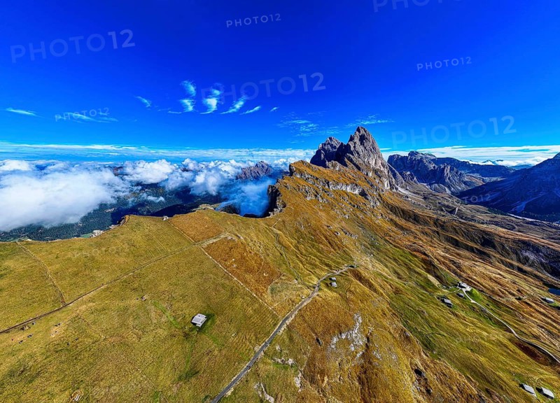 The Sas Rigais and Furchetta peaks of the Odle Group, drone shot, Val Gardena, Dolomites, Autonomous Province of Bolzano, South Tyrol, Italy, Europe