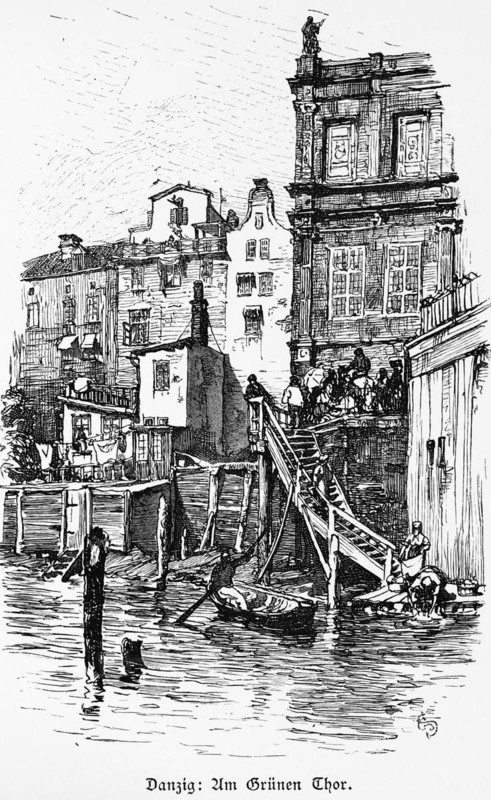 At the Green Gate, Gdansk or Gdansk, Baltic Sea, Poland, city gate, wooden stairs, rowing boat, Mottlau, Motlawa, historical illustration 1880, Europe
