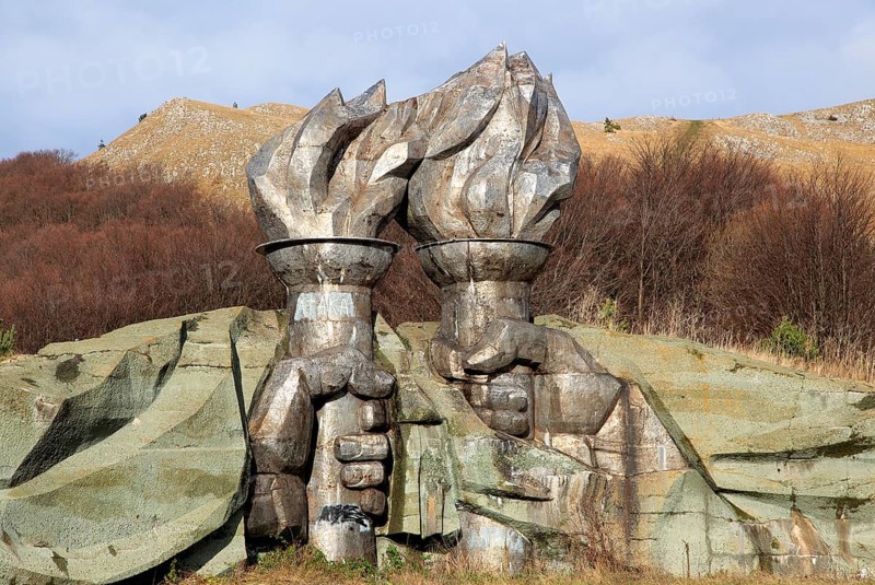 Burning torch sculpture Buzludzha monument former communist party headquarters, Bulgaria, eastern Europe, Europe