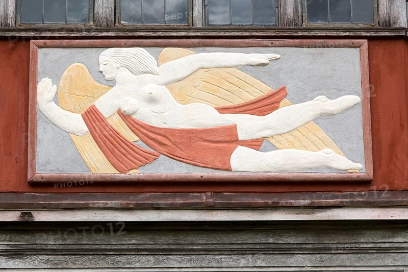 Pargeting plasterwork figure of a flying angel, Wyken Hall, Suffolk, England, UK
