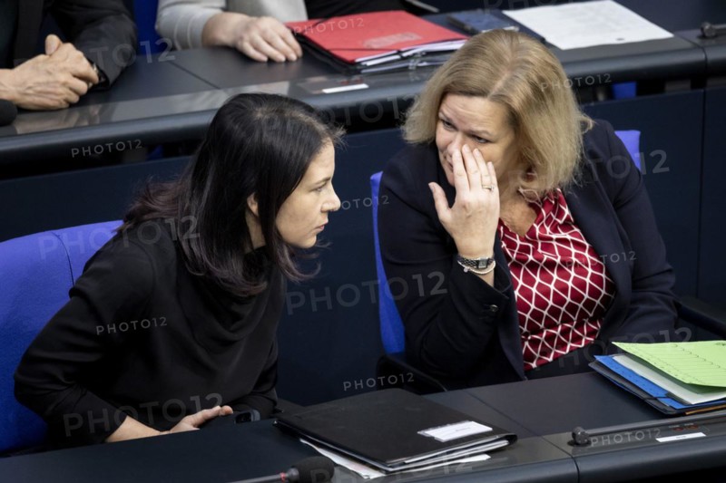 Annalena Bärbock (Alliance 90/The Greens), Federal Foreign Minister, and Nancy Faeser (SPD), Federal Minister of the Interior and Home Affairs, pictured in the German Bundestag in Berlin, 15 March 2024