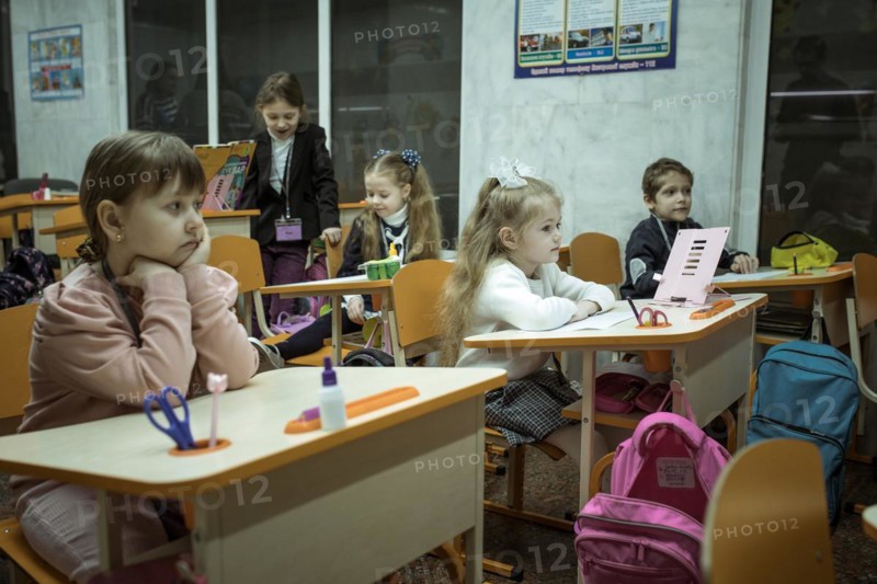 Pupils in a classroom in one of the metro schools in Kharkiv. Classrooms were set up in various metro stations in the city in order to keep classes running even during an air raid, Metro Universytet, Kharkiv, Ukraine, Europe