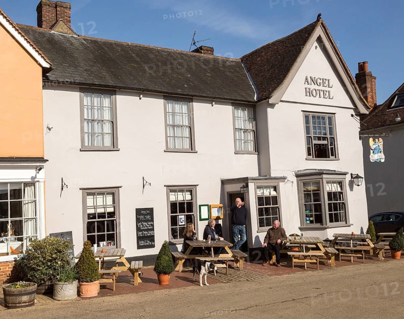 Historic architecture of the Angel Hotel, Lavenham, Suffolk, England, UK