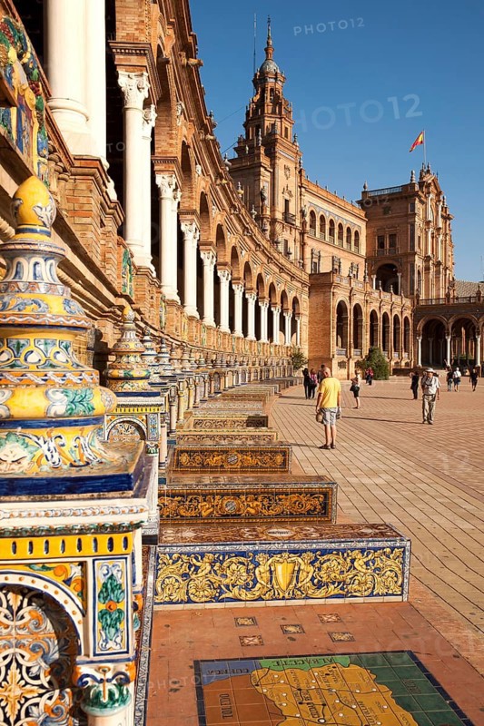 The Plaza de España, Seville, Spain built in 1928 for the Ibero-American Exposition of 1929. It is a landmark example of the Renaissance Revival style in Spanish architecture