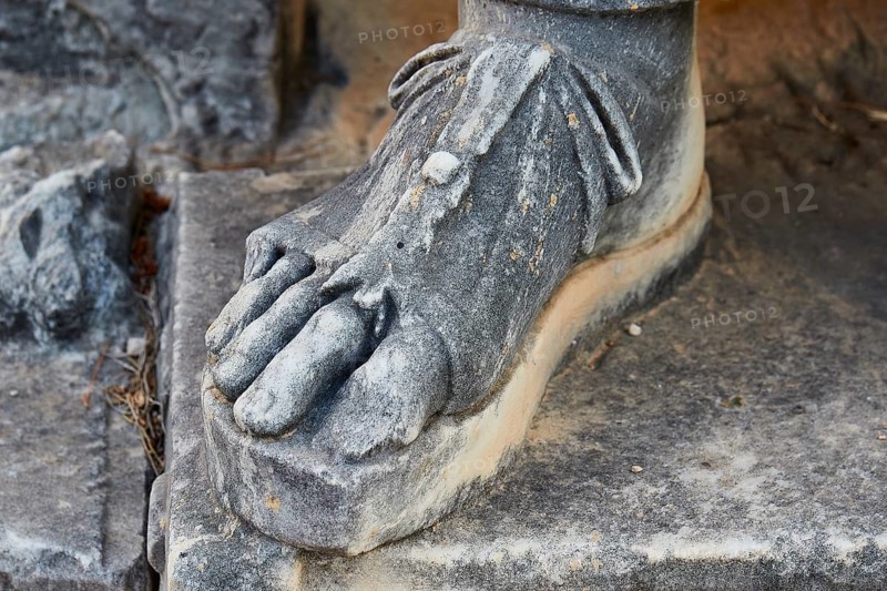Close-up of the base of an ancient stone statue, exterior, Archaeological Museum, Archea Korinthos, Corinth, Peloponnese, Greece, Europe