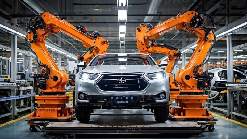 AI generated automotive assembly line in car manufacturing progression with automated machines