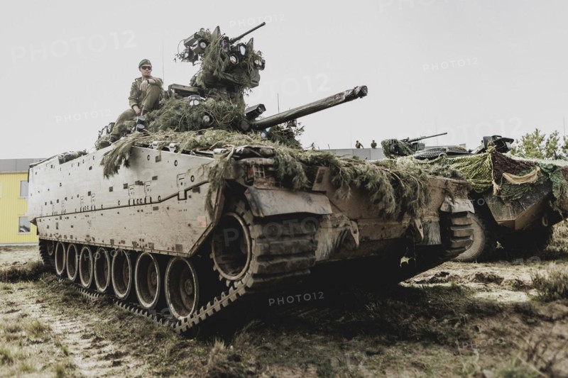 Tracked armoured vehicle, photographed as part of a Bundeswehr exercise with armed forces from Norway and the Czech Republic during the 'Wettiner Schwert' exercise as part of Quadriga 2024 in the training town of Schnöggersburg, 8 April 2024