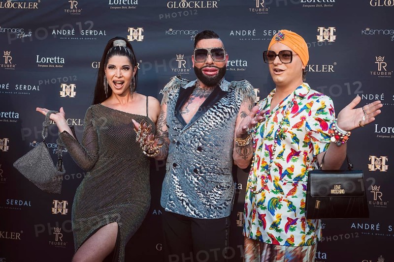 Micaela shepherd, Harald Glööckler and Julian F. M. Stöckel at the first Fashion Night with Harald Glööckler for his new fashion collection Teuber by HARALD GLÖÖCKLER at Loretta am Wannsee in Berlin on 28 June 2024