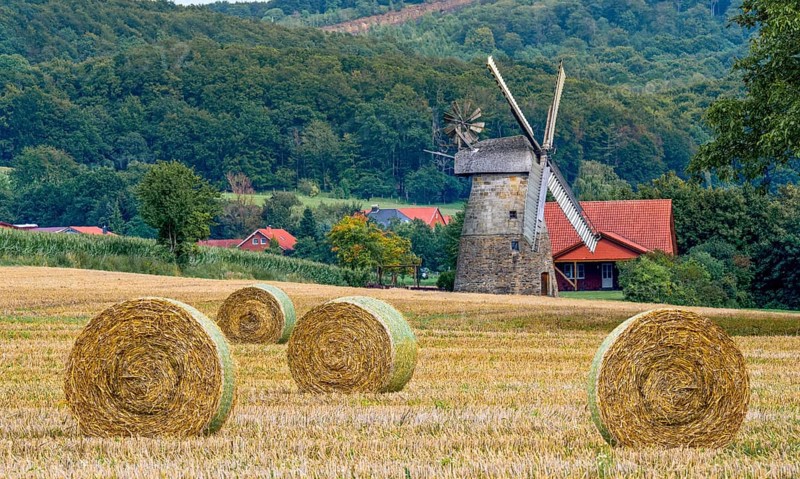 Historic windmill with straw bales Eisbergen Porta Westfalica Germany