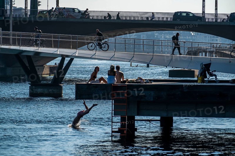 Cyclists on the Lille Langebro cycle and pedestrian bridge, behind it the Langebro road bridge, over the harbour, Copenhagen is considered the cycling capital of the world, 45% of the population travel by bike, Denmark, Europe