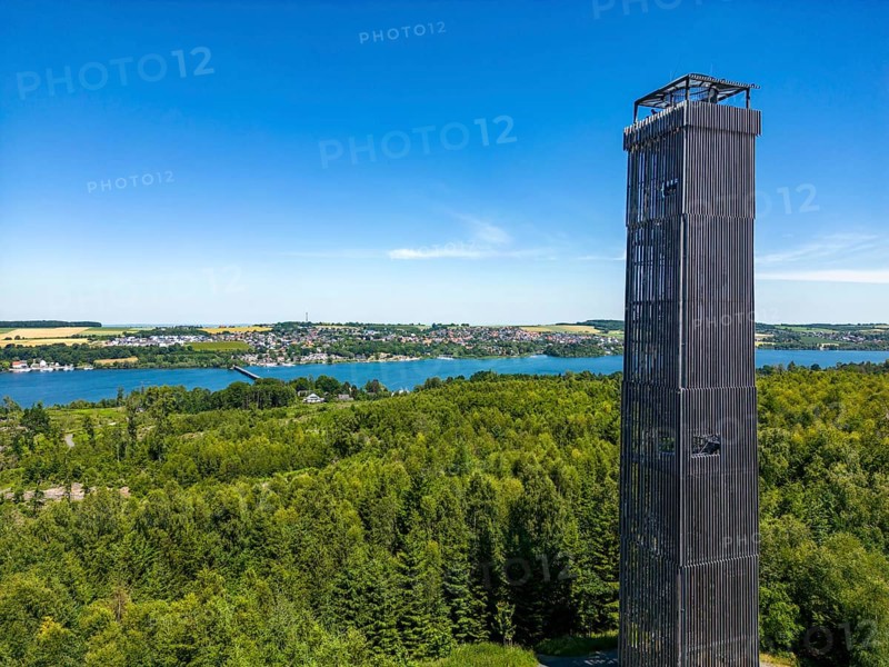 Lake Möhnesee, reservoir in the northern Sauerland, view from the Möhnesee tower, observation tower on the southern shore, North Rhine-Westphalia, Germany, Europe
