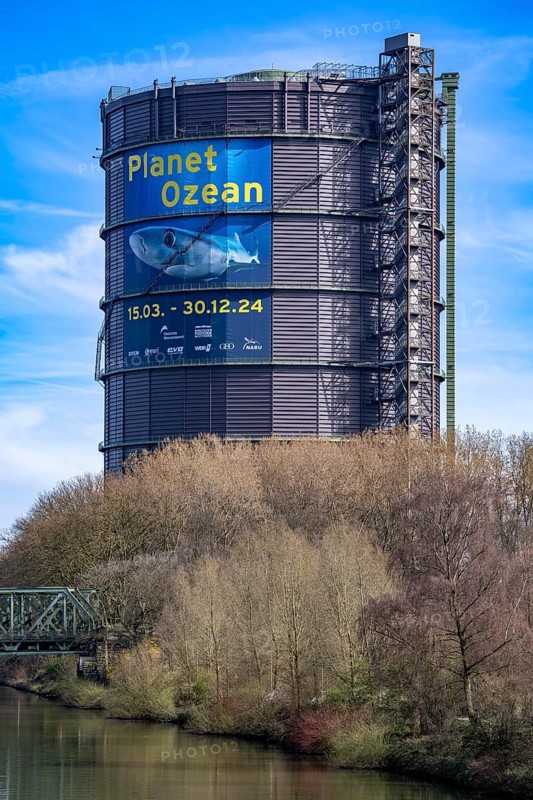 Plante Ozean exhibition in the Gasometer in Oberhausen, the world's oceans in their fragile beauty are the focus of the new exhibition, large-format photos, exhibits including a whale skeleton and an immersive large-scale video and sound installation, The Wave, on a 40 metre high screen measuring over 1000 square metres in total, Rhine-Herne Canal, Oberhausen, Germany, Europe