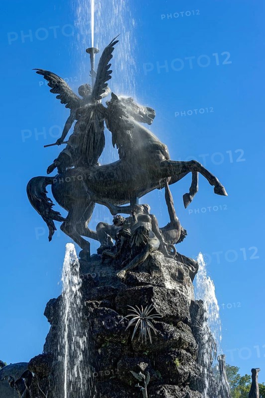 Fountain figure, winged goddess Fama riding a horse, Fama fountain, Famabrunnen, fountain, fountain, water parterre, castle park, Herrenchiemsee Castle, Herreninsel, Chiemsee, Chiemgau, Upper Bavaria, Bavaria, Germany, Europe