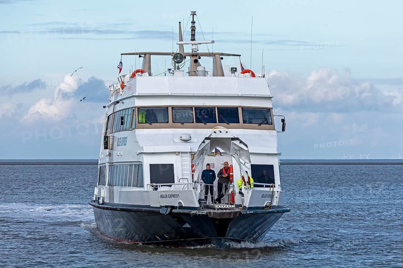Excursion boat Adler Express docks, harbour, Strucklahnungshörn, Nordstrand, North Frisia, Schleswig-Holstein, Germany, Europe