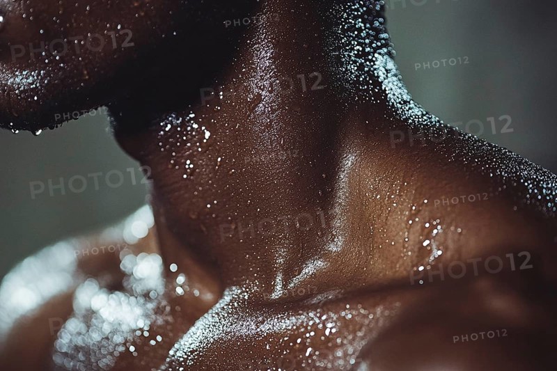 Close up of thorat of sweating black man after workout. Generative Ai, AI generated