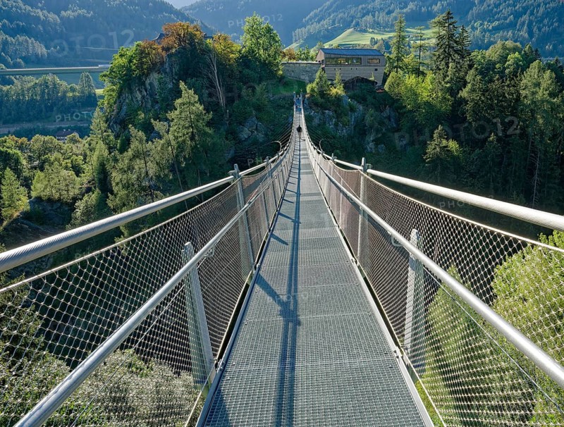 Suspension bridge at Matrei-Trautson Castle, Matrei am Brenner, Wipptal, Tyrol, Austria, Europe