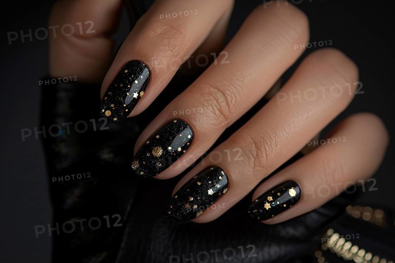 Woman's fingernails with nail polish art design with golden stars on dots on black base. Generative Ai, AI generated