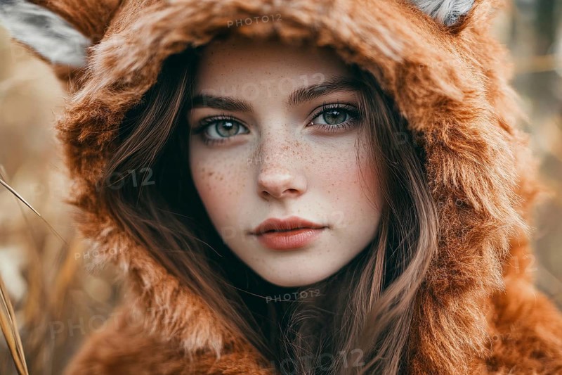 Close up of young woman wearing a fox sweater with ears in autumn forest. Generative Ai, AI generated