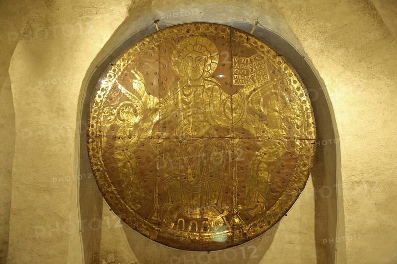 Historical gold disc Majestas Domini, Christ disc, Jesus, treasure, golden, shiny, metal disc, figure, crypt, Minster, Our Lady, Minster Square, Constance, Upper Lake, Lake Constance, Lake Constance area, Baden-Württemberg, Germany, Europe