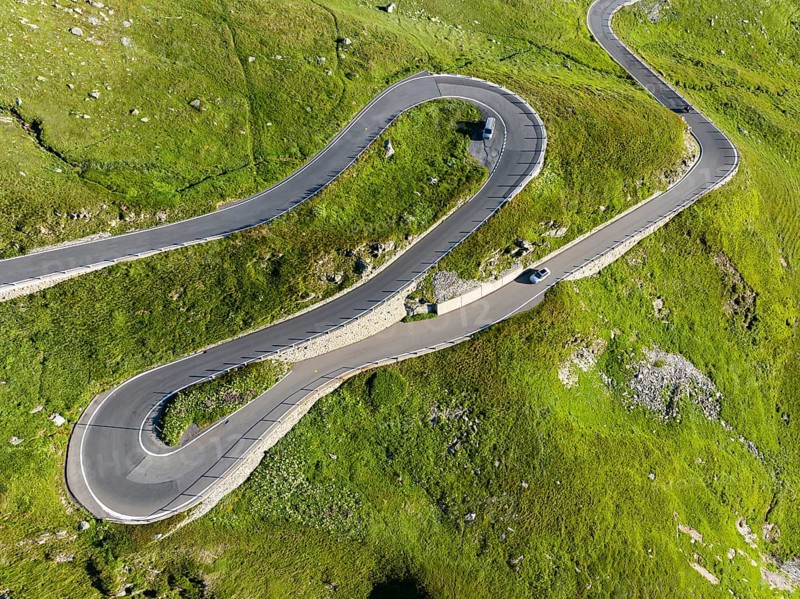 Landscape at the Furka Pass, drone photo. Alpine pass between the canton of Uri and the canton of Valais. Realp, Canton Uri, Switzerland, Europe