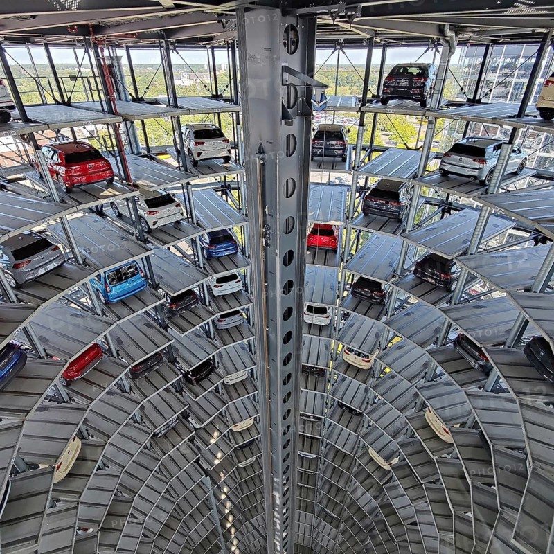 New cars for delivery in the Autoturm, interior view from top to bottom, Autostadt, Volkswagen AG, Wolfsburg, Lower Saxony, Germany, Europe