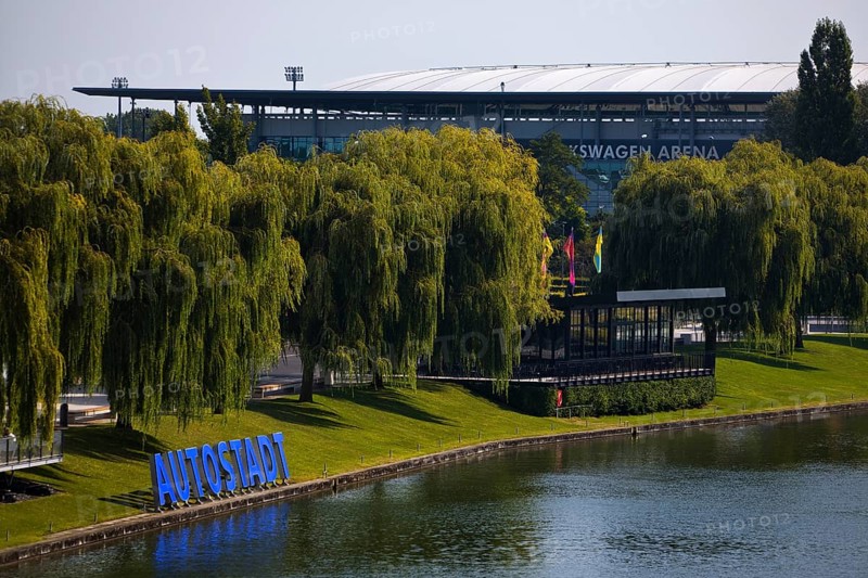 Autostadt lettering on the Mittelland Canal in the immediate vicinity of the Volkswagen Arena of VfL Wolfsburg, Lower Saxony, Germany, Europe