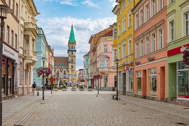 Georgstraße with a view of the town church in Meiningen, Thuringia, Germany, Europe