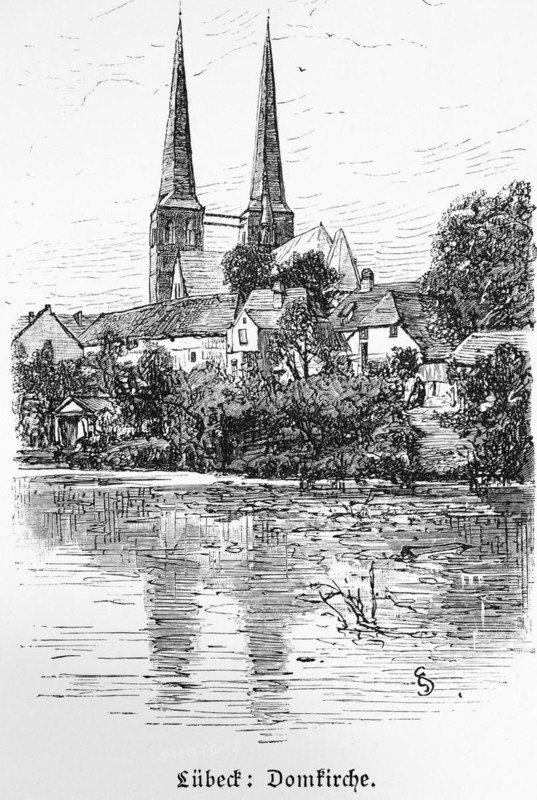 Cathedral church with mill pond, twin towers, water reflection, Hanseatic city of Lübeck, Schleswig-Holstein, Germany, historical illustration 1880, Europe