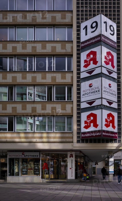 Exterior shot, Rotebühl pharmacy, logo, city centre, city centre, Stuttgart, Baden-Württemberg, Germany, Europe
