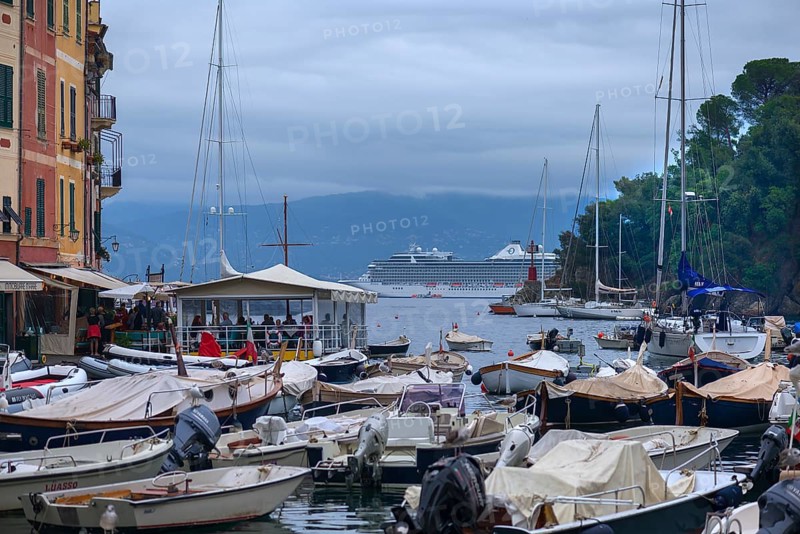 A cruise ship anchors off the harbour of Portofino, Portofino, Italy, Europe